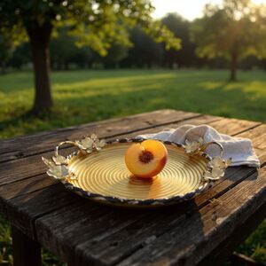 Tin Gold Floral Decor Tray Round Enamel 16"x3"